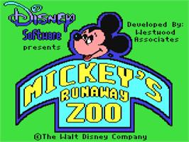 Title screen of Mickey's Runaway Zoo on the Commodore 64.