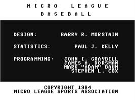 Title screen of MicroLeague Baseball on the Commodore 64.