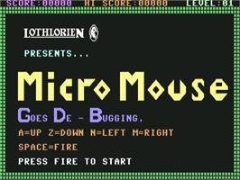 Title screen of Micro Mouse Goes De-bugging on the Commodore 64.