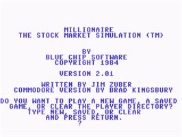Title screen of Millionaire - The Stock Market Simulation on the Commodore 64.