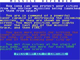 Title screen of Missile Defender on the Commodore 64.