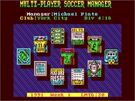 Title screen of Multi-player Soccer Manager on the Commodore 64.