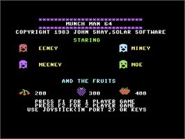 Title screen of Munch Man 64 on the Commodore 64.