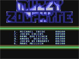 Title screen of Muzzy Zoophyte on the Commodore 64.
