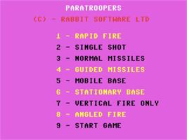 Title screen of Paratroopers on the Commodore 64.