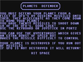 Title screen of Planets Defender on the Commodore 64.