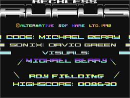 Title screen of Reckless Rufus on the Commodore 64.