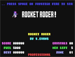 Title screen of Rocket Roger on the Commodore 64.