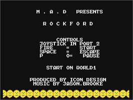 Title screen of Rockford: The Arcade Game on the Commodore 64.