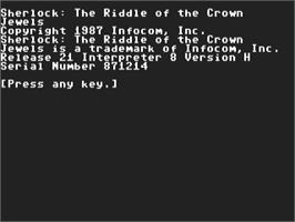 Title screen of Sherlock: The Riddle of the Crown Jewels on the Commodore 64.