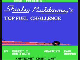 Title screen of Shirley Muldowney's Top Fuel Challenge on the Commodore 64.