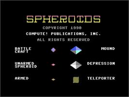 Title screen of Spheroids on the Commodore 64.