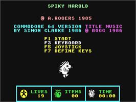 Title screen of Spiky Harold on the Commodore 64.