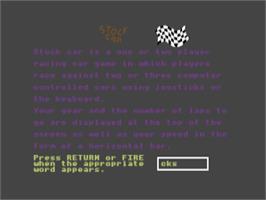 Title screen of Stock Car on the Commodore 64.