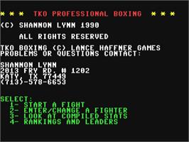 Title screen of Tko Professional Boxing on the Commodore 64.