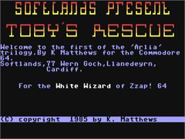 Title screen of Toby's Rescue on the Commodore 64.