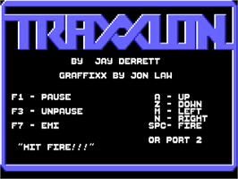 Title screen of Traxxion on the Commodore 64.