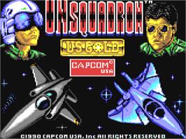 Title screen of U.N. Squadron on the Commodore 64.