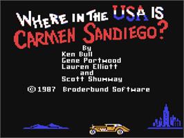 Title screen of Where in the U.S.A. Is Carmen Sandiego? on the Commodore 64.