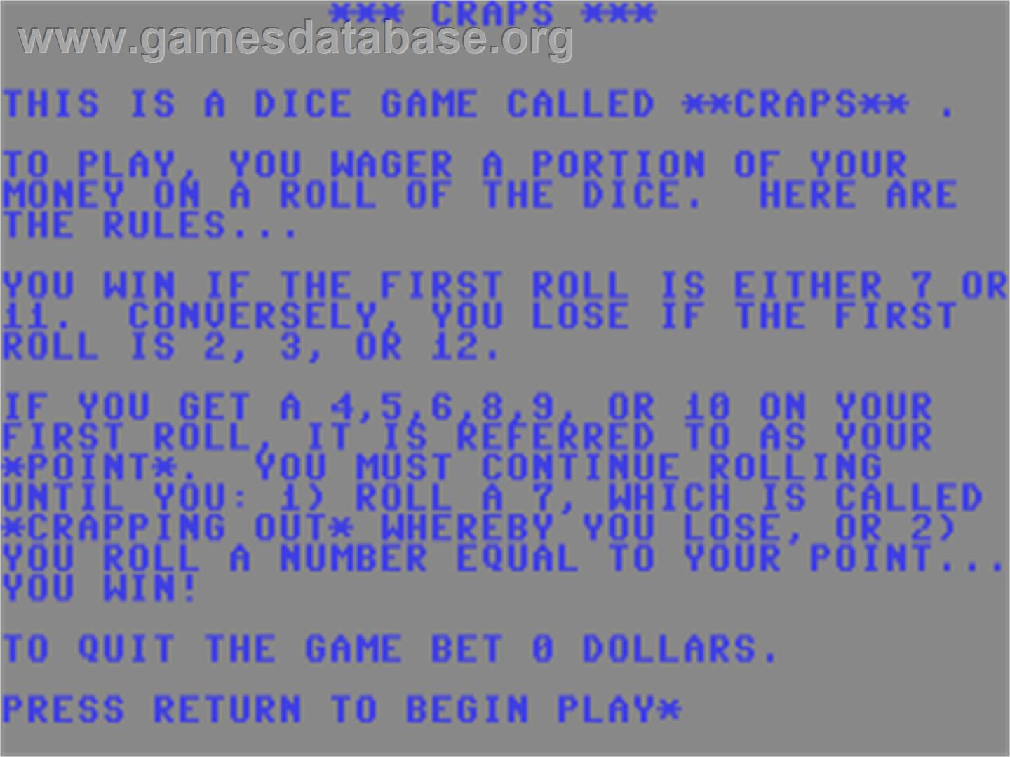 Craps - Commodore 64 - Artwork - Title Screen