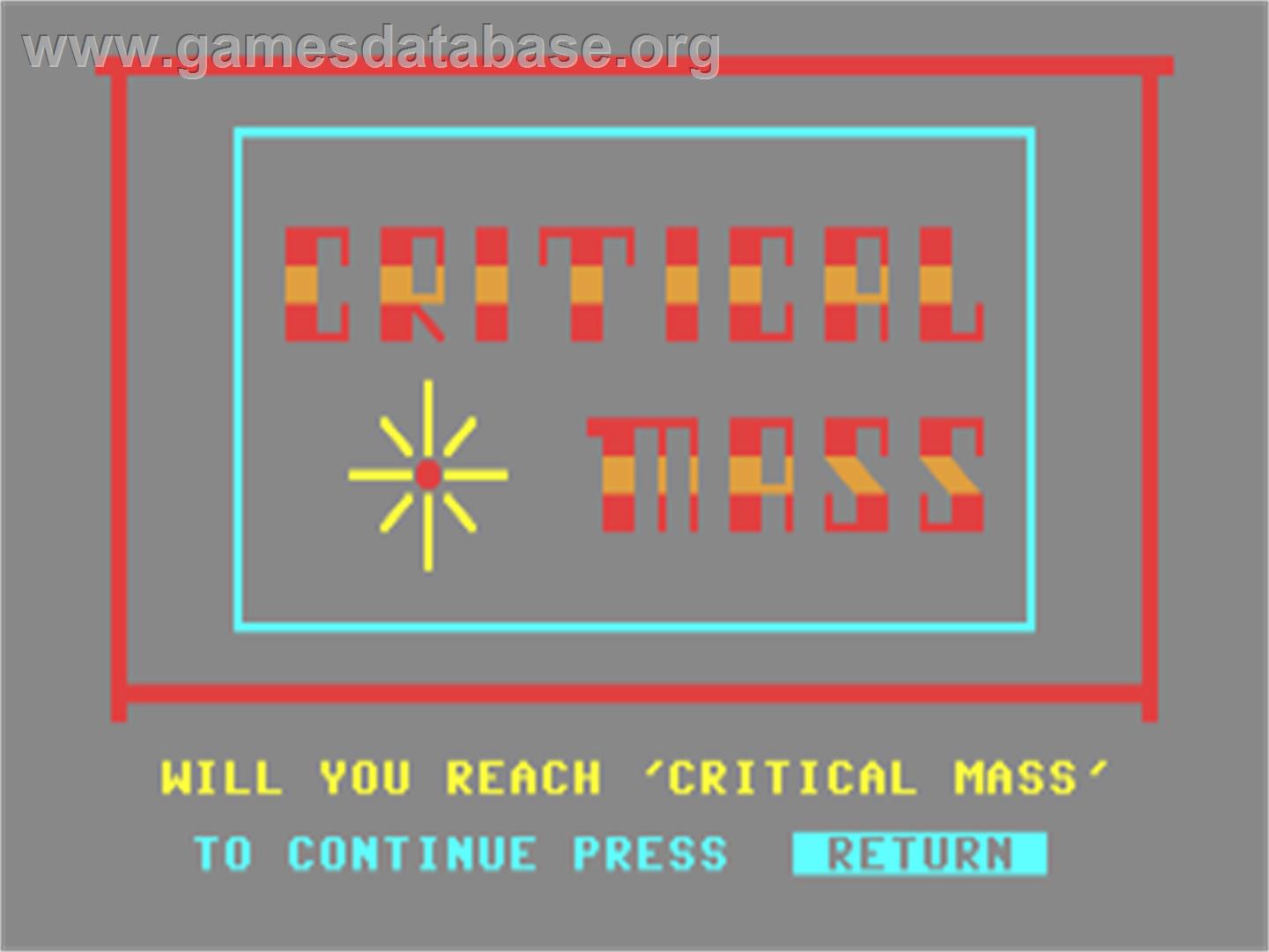 Critical Mass (Sirius Software) - Commodore 64 - Artwork - Title Screen