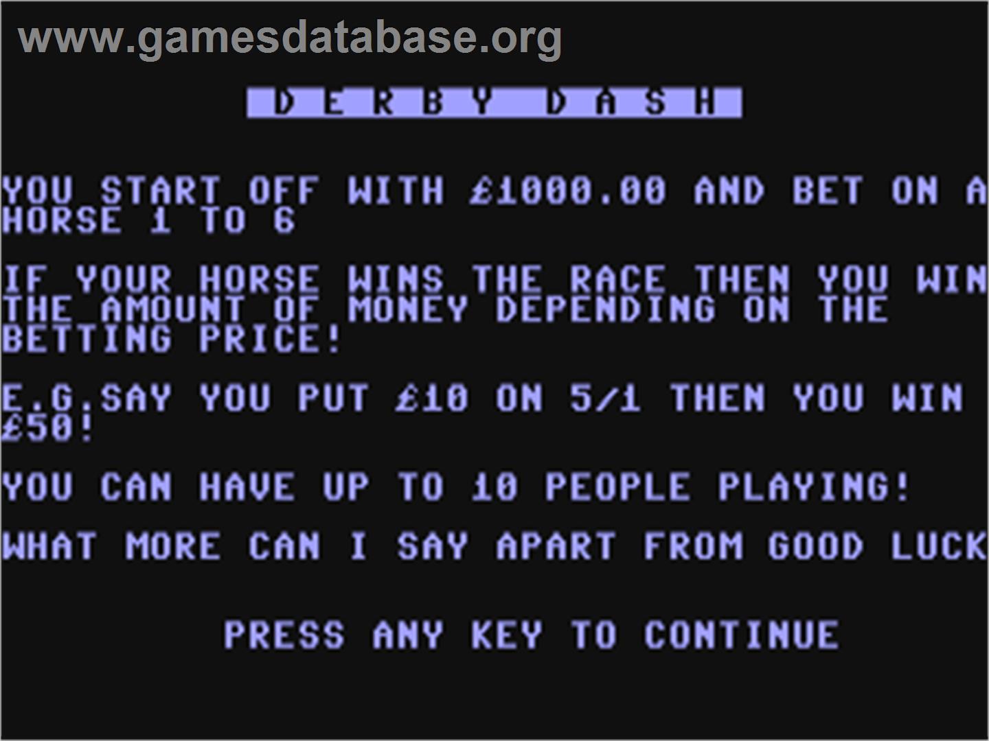 Derby Dash - Commodore 64 - Artwork - Title Screen