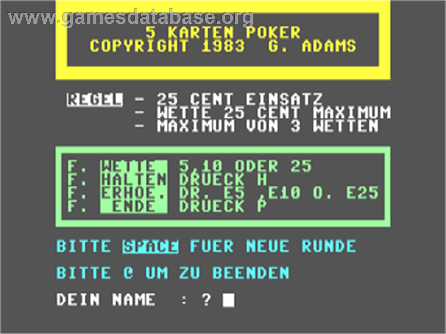 Five Card Stud - Commodore 64 - Artwork - Title Screen