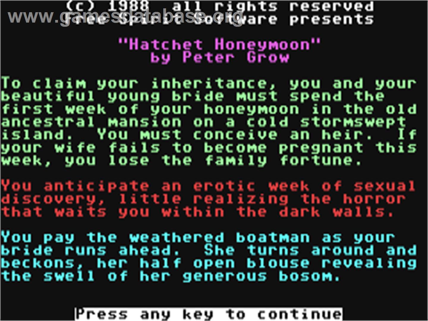 Hatchet Honeymoon - Commodore 64 - Artwork - Title Screen