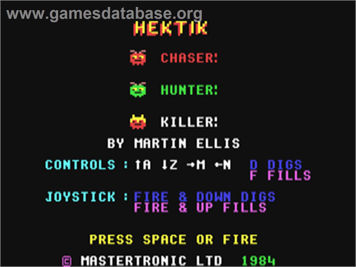 Hektik (Mastertronic) - Commodore 64 - Artwork - Title Screen