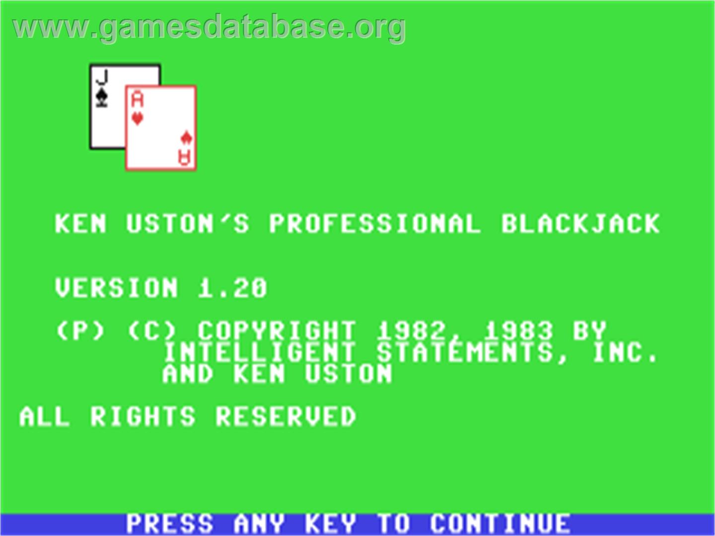 Ken Uston's Professional Blackjack - Commodore 64 - Artwork - Title Screen