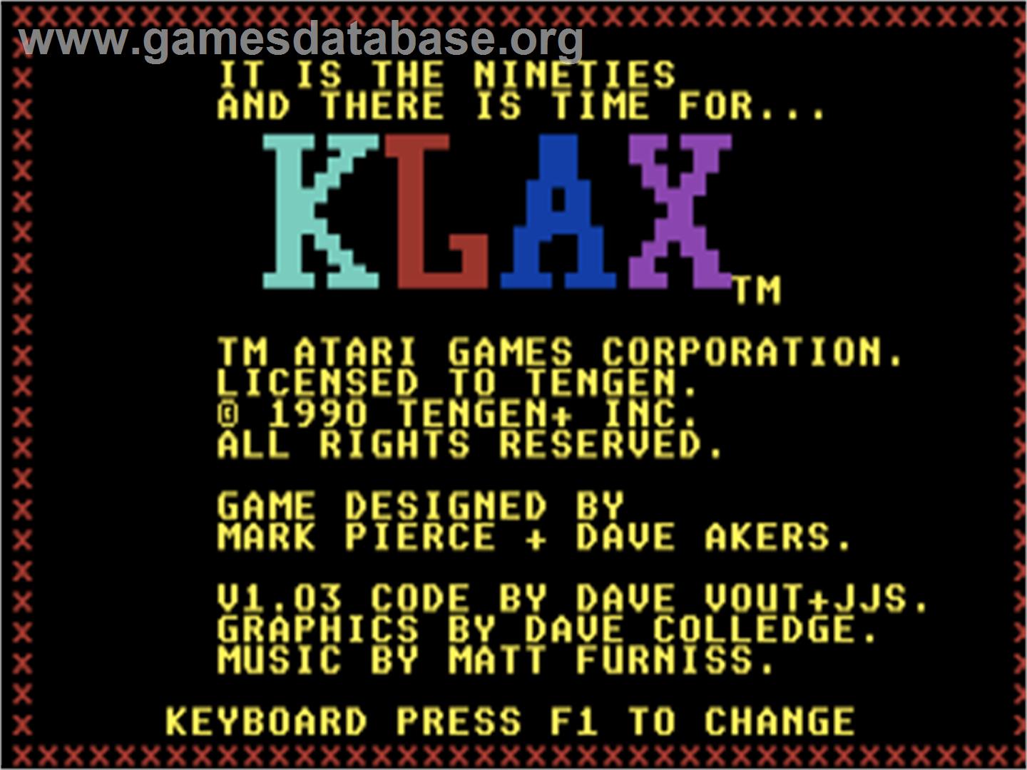 Klax - Commodore 64 - Artwork - Title Screen