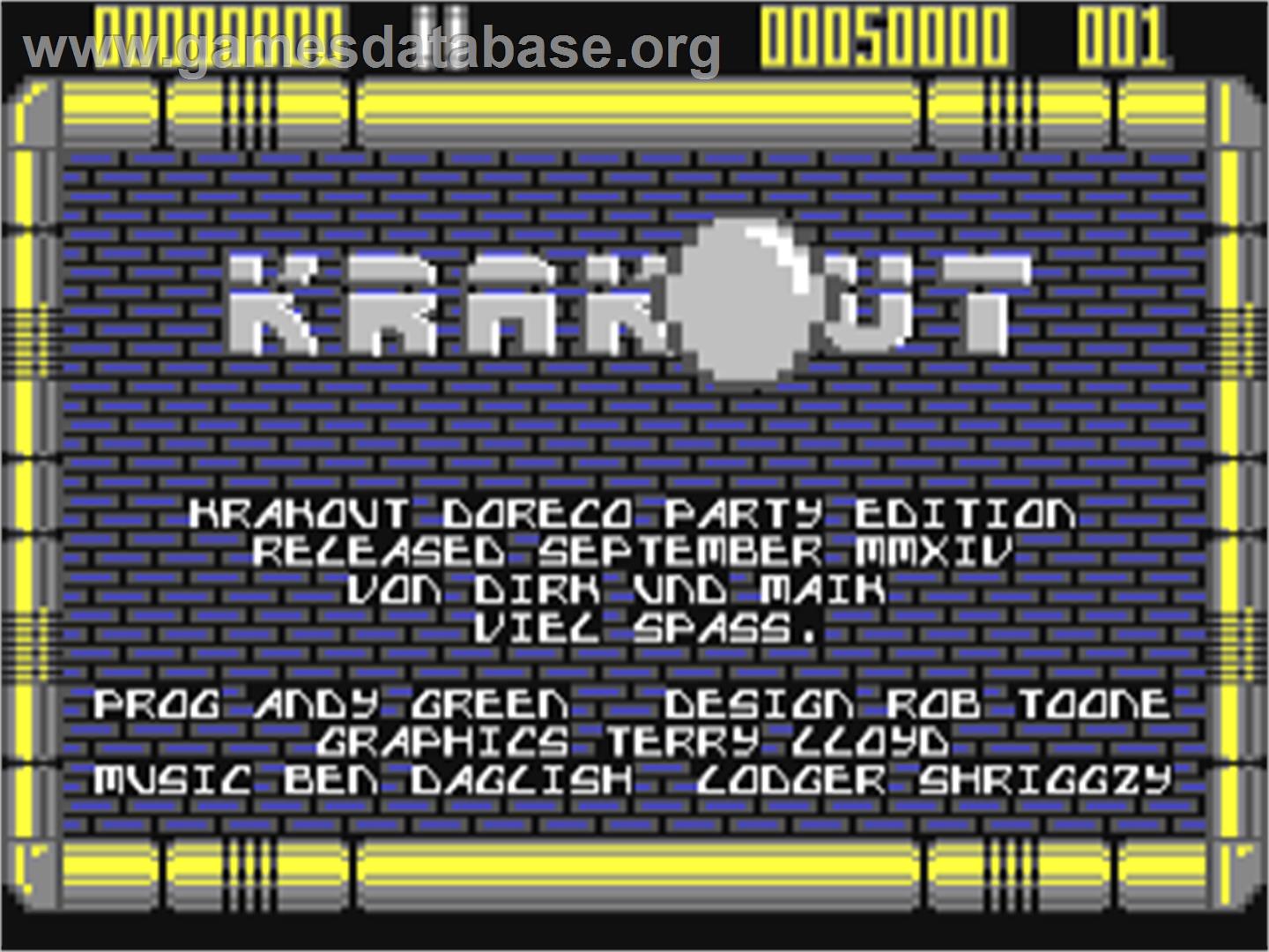 Krakout - Doreco Party Edition - Commodore 64 - Artwork - Title Screen