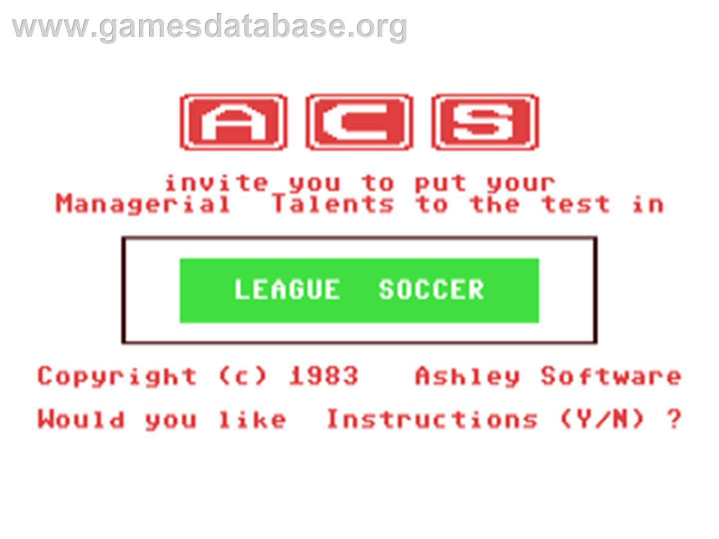 League Soccer (ACS) - Commodore 64 - Artwork - Title Screen