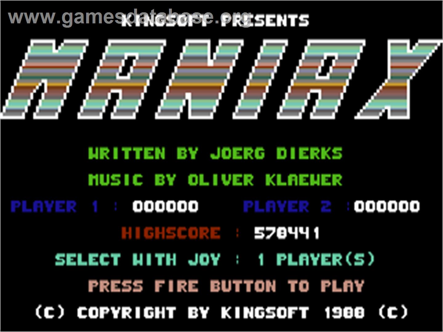 Maniax - Commodore 64 - Artwork - Title Screen