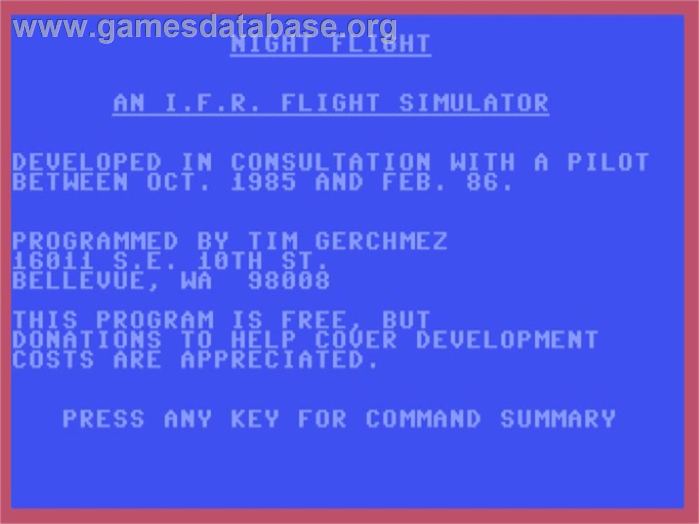 Night Flight - Commodore 64 - Artwork - Title Screen