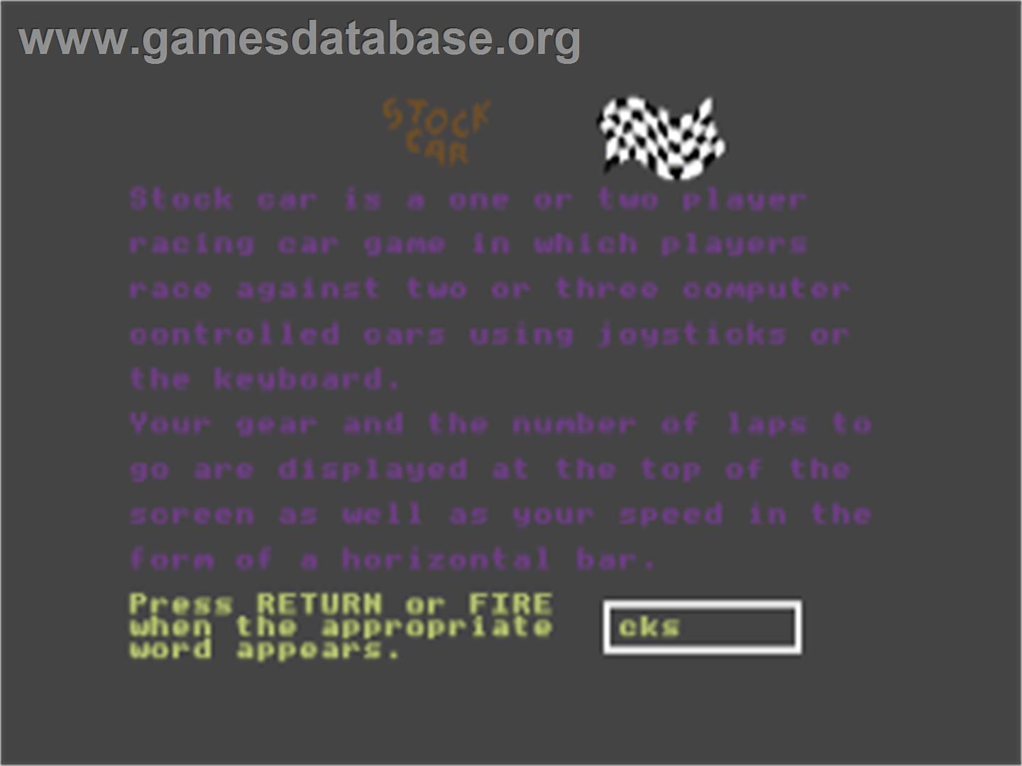 Stock Car - Commodore 64 - Artwork - Title Screen