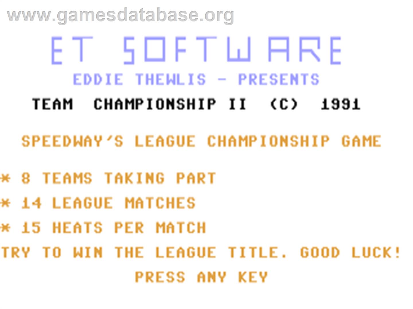 Team Championship 2 - Commodore 64 - Artwork - Title Screen