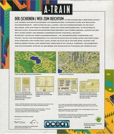 Box back cover for A-Train on the Commodore Amiga.