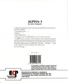 Box back cover for Alpha-1 on the Commodore Amiga.