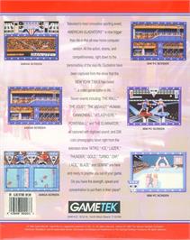 Box back cover for American Gladiators on the Commodore Amiga.