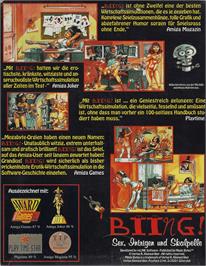 Box back cover for Biing!: Sex, Intrigue and Scalpels on the Commodore Amiga.