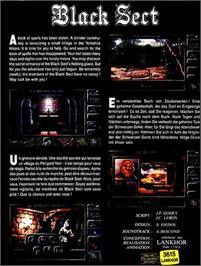 Box back cover for Black Sect on the Commodore Amiga.