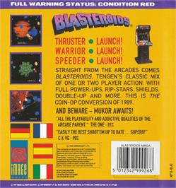 Box back cover for Blasteroids on the Commodore Amiga.