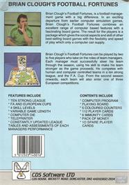 Box back cover for Brian Clough's Football Fortunes on the Commodore Amiga.