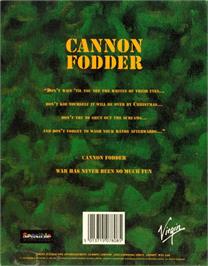 Box back cover for Cannon Fodder on the Commodore Amiga.