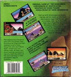 Box back cover for Cavemania on the Commodore Amiga.