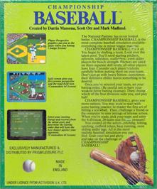 Box back cover for Championship Baseball on the Commodore Amiga.