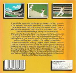 Box back cover for Championship Cricket on the Commodore Amiga.