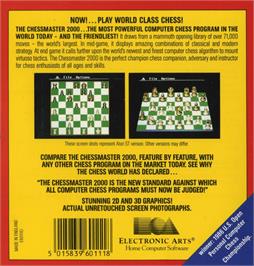 Box back cover for Chessmaster 2000 on the Commodore Amiga.