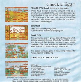 Box back cover for Chuckie Egg on the Commodore Amiga.